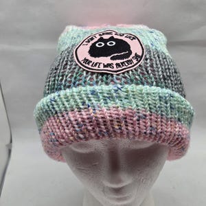 Handmade Slouchy Knit Beanie: BLACK CAT "I don't bring bad luck your life was already sh*t" patch