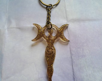 Triple Moon Goddess Resin Keychain: Wiccan Glitter Charm