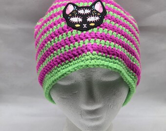Gorro de crochet: Gorro espiral caprichoso hecho a mano, parche de gato en el tercer ojo