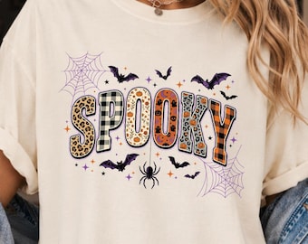Comfort Colors® Spooky Halloween T-Shirt | Retro Ghost Pumpkin Fall Tee | Leopard Plaid Bat Spider Web Shirt | Witchy Spooky Season Gift