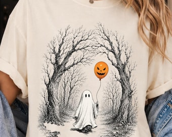 Comfort Colors® Ghost with Pumpkin Balloon Shirt, Cute Halloween Ghost Tee, Spooky Fall T-Shirt, Vintage Halloween Shirt, Halloween Gift