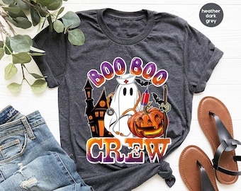 Camiseta de Halloween de Boo Boo Crew: Camiseta espeluznante de enfermera fantasma y calabaza