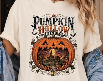 Comfort Colors® Pumpkin Hollow Nights T-Shirt, Spooky Halloween Town Shirt, Pumpkin Tee, Creepy Bats & Full Moon Graphic, Autumn Fall Shirt
