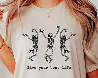 Dancing Skeletons Halloween T-Shirt: Spooky Season V-Neck & Unisex