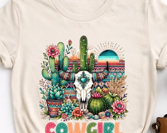 Cowgirl Skull Cactus T-Shirt, Boho Western Desert Graphic Tee