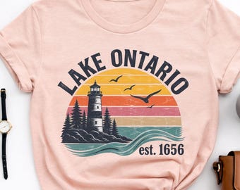 Lake Ontario Lighthouse Tee, Retro Sunset Design, Canadian Travel Gift