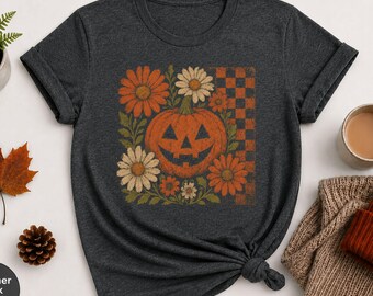 Floral Pumpkin Halloween Shirt, Vintage Fall Pumpkin Tee, Boho Autumn Flowers Shirt, Cute Jack O Lantern T-Shirt, Fall Harvest Gift