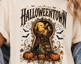 Comfort Colors® Halloweentown Spooky Keyhole T-Shirt, Vintage Haunted House Tee, Gothic Halloween Shirt, Black Cat Pumpkin Fall Shirt