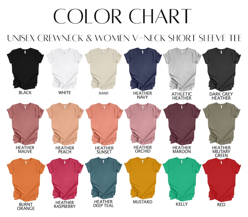 K&ouml;nnte beinhalten: Farbkarte mit Unisex-Crewneck- und Damen-V-Ausschnitt-T-Shirts mit kurzen &Auml;rmeln in verschiedenen Farben, darunter Schwarz, Wei&szlig;, Sand, Heather Navy, Athletic Heather, Dark Grey Heather, Heather Mauve, Heather Peach, Heather Sunset, Heather Orchid, Heather Maroon, Heather Military Green, Burnt Orange, Heather Raspberry, Heather Deep Teal, Mustard, Kelly und Rot.