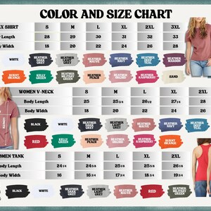 May include: A color and size chart for unisex shirts, women's V-neck shirts, and women's tank tops. The chart includes body length and width measurements in inches, along with color swatches for various shirt colors.