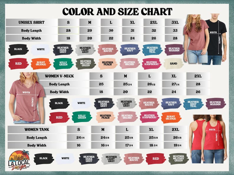 a women's shirt size chart with different colors