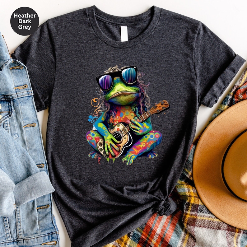 Hippie Shirt, Hippie Frog T-Shirt, Hippie Frog Playing Guitar Shirt, Hippie Life Tee, Frog Lover Gift, Boho Style Shirt, Bohemian Shirt Gift image 1
