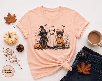Black Cat Halloween Shirt, Cute Spooky Cat Graphic Tee, Witch Ghost Pumpkin Cat Shirt, Halloween Cat Lover T-Shirt, Fall Gift