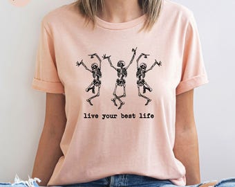 Dancing Skeletons Halloween T-Shirt: Spooky Season V-Neck & Unisex Tee