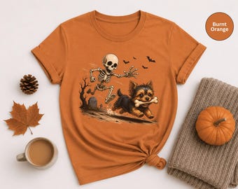 Funny Halloween Dog Shirt, Skeleton Chasing Yorkie Tee, Yorkshire Terrier Halloween Shirt, Spooky Dog Lover Gift, Cute Puppy T-Shirt