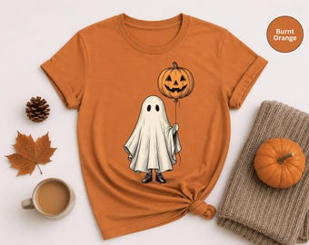 Cute Ghost Halloween Shirt, Ghost Holding Pumpkin Balloon Tee, Spooky Cute Ghost Graphic Shirt, Halloween Pumpkin T-Shirt, Fall Gift