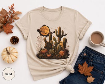 Desert Halloween Ghost Shirt, Spooky Cactus Pumpkin Graphic Tee, Southwestern Halloween T-Shirt, Moonlit Ghost Shirt, Fall Ghost Gift