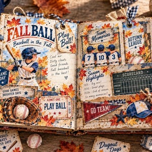 Op de afbeelding: Een open plakboek met een honkbalthema, voorzien van herfstbladeren, een speler met een knuppel en tekst zoals Fall Ball, Team Memories en Autumn League. De pagina's bevatten scorekaarten, tickets en honkbalafbeeldingen.