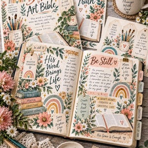May include: An open Bible art journal featuring floral illustrations, rainbows, and handwritten text including 'His Word Brings Life' and 'Be Still'. The pages are decorated with tags, stacked book graphics, and inspirational quotes alongside paintbrushes.