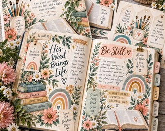 Könnte beinhalten: Ein offenes Bibel-Kunstjournal mit Blumenillustrationen, Regenbögen und handschriftlichem Text wie 'His Word Brings Life' und 'Be Still'. Die Seiten sind mit Anhängern, gestapelten Buchgrafiken und inspirierenden Zitaten neben Pinseln verziert.