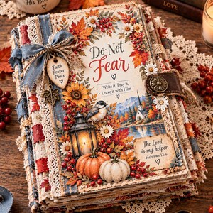 May include: A decorative journal featuring autumn-themed imagery including pumpkins, a lantern, a bird, and fall foliage. The cover displays the text Do Not Fear, Write it, Pray it, Leave it with Him, and The Lord is my helper. Hebrews 13:6.