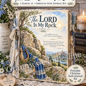 Op de afbeelding: Een junk journal kit getiteld The Lord Is My Rock, met een omslag met een landschapsillustratie van een kasteel, een harp en rotsachtig terrein. De tekst bevat 2 Samuel 22 en bijbelverzen. Het journal is versierd met kant en stoffen linten.