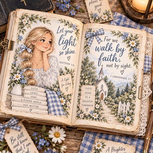 May include: An open book featuring illustrations of a blonde person and a church, surrounded by daisies and forget-me-nots. Text includes Let your light so shine, For we walk by faith, not by sight, and various inspirational phrases on tags and pages.