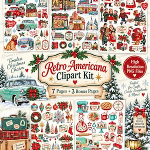 May include: A digital clipart kit featuring retro Christmas illustrations including vintage cars, holiday scenes, Santa Claus, festive decorations, kitchen appliances, and luggage. The central title reads Retro Americana Clipart Kit.