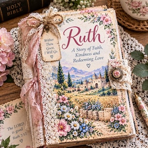 Puede incluir: Un libro decorativo titulado Ruth: A Story of Faith, Kindness and Redeeming Love, con una ilustración de un pueblo de piedra, montañas y flores. Está adornado con encaje rosa, un lazo de yute y una etiqueta que dice Wither Thou Goest, I Will Go.