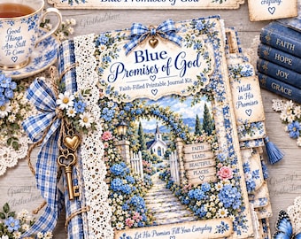Peut inclure: Un journal fait main intitulé Blue Promises of God avec un motif floral bleu et blanc, un nœud vichy bleu, une bordure en dentelle et une breloque clé en métal. La couverture montre un chemin de jardin menant à une église avec le texte Faith Leads Beautiful Places.