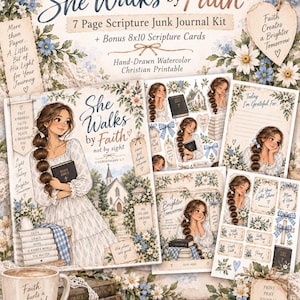 May include: A 7-page scripture junk journal kit featuring hand-drawn watercolor illustrations of a girl with a braid, a church, and floral accents. Includes 8x10 scripture cards, text-based tags, and a mug with the text Faith fuels a beautiful life.