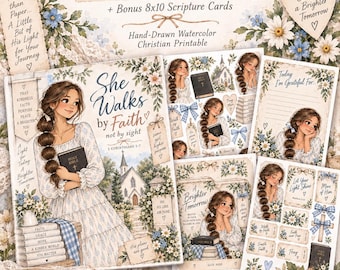 May include: A 7-page scripture junk journal kit featuring hand-drawn watercolor illustrations of a girl with a braid, a church, and floral accents. Includes 8x10 scripture cards, text-based tags, and a mug with the text Faith fuels a beautiful life.