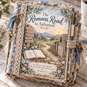 May include: A decorative junk journal titled The Romans Road to Salvation, featuring a landscape illustration of a path, a cross, and an open Bible. The cover is embellished with blue fabric, cream lace, and heart-shaped metal charms on the spine.