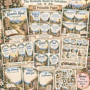 以下が含まれることがあります： 「The Romans Road to Salvation」と題された12枚の印刷可能なページセット。聖書のカード、ジャーナリングタグ、ポケット、ラベルが含まれており、風景画、花の縁取り、信仰をテーマにしたジャーナリング用の宗教的なテキストがデザインされています。