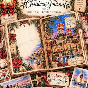 May include: An open journal featuring Christmas-themed illustrations of St. Augustine, Florida, with palm trees, fountains, and poinsettias. The pages include text like Beautiful Pages for a Christmas Journal, St. Augustine, and Same Magic, Different Century.