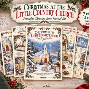 May include: A printable junk journal kit titled Christmas at the Little Country Church, featuring seven pages and three bonus pages. The collection includes illustrations of snow-covered churches, bibles, angels, and holiday greenery with text.