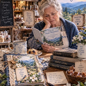 May include: A devotional book titled Up on Dean Mountain, a mug with A Peaceful Heart Today, a journal labeled Grateful for Simple Days, and a stack of books titled Faith, Kindness, Simple Living, and A Brighter Tomorrow on a wooden table.