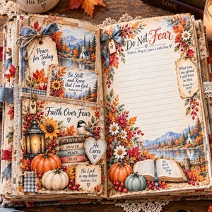 May include: An open journal featuring autumn-themed illustrations of pumpkins, fall foliage, and a lake landscape. The pages include lined writing space, decorative tags with text like 'Peace for Today' and 'Do Not Fear', and religious quotes.