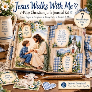 Puede incluir: Un kit de diario cristiano de 7 páginas titulado Jesus Walks With Me, que incluye páginas imprimibles con escrituras, oraciones e ilustraciones de un niño con Jesús, una iglesia y un cordero, además de un bolígrafo de madera con la frase With God All Things Are Possible.