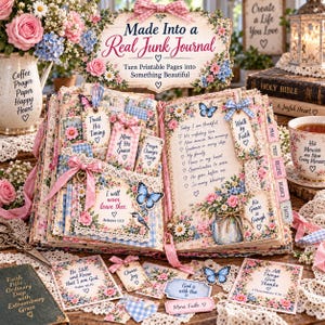 May include: A junk journal featuring floral and butterfly patterns with religious text. The pages include tags with phrases like Trust His Timing, More of His Grace, and I will never leave thee, decorated with pink ribbons and lace accents.