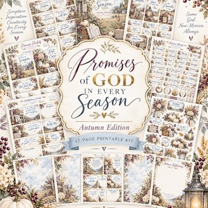 May include: A 12-page printable kit titled Promises of God in Every Season Autumn Edition, featuring multiple sheets of decorative cards, tags, and journaling pages with autumn-themed illustrations of pumpkins, wheat, and lanterns.