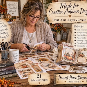 Könnte beinhalten: Eine Sammlung von 21 druckbaren Seiten mit dem Titel Harvest Home Blessings, die herbstliche Illustrationen von Kürbissen, Sonnenblumen und Vögeln zeigen, geeignet für Scrapbooking, Junk Journals und Kartenbasteln.