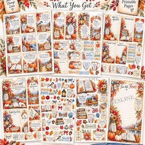 Op de afbeelding: Een verzameling van acht printbare pagina's met herfstthema's, waaronder pompoenen, herfstbladeren, zonnebloemen en vogels. De pagina's bevatten labels, journaling-kaarten en gelinieerd briefpapier met religieuze teksten en de titel DO NOT FEAR.