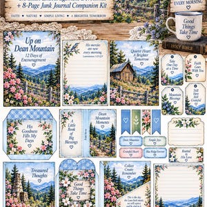 May include: A 12-day Christian devotional and junk journal kit titled Up on Dean Mountain. The set includes printed pages, tags, and cards featuring blue mountain landscapes, pink flowers, and inspirational text like His mercies are new every morning.
