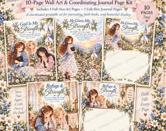 Puede incluir: Un kit imprimible de 10 páginas de arte mural y diario titulado The Lord Is My Strength. El conjunto presenta ilustraciones de jóvenes en entornos florales, iglesias y textos religiosos. Incluye cinco páginas de arte y cinco páginas de diario rayadas.