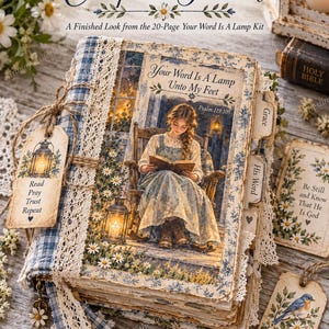 May include: A journal featuring a blue and white gingham fabric spine with lace trim. The cover displays an illustration of a person reading in a rocking chair with the text Your Word Is A Lamp Unto My Feet Psalm 119:105. Includes tags with Read Pray Trust Repeat and His Plans Are Good.