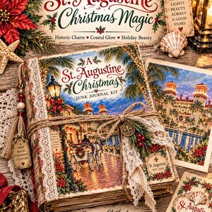 May include: A junk journal kit titled A St. Augustine Christmas featuring a cover illustration of a horse-drawn carriage on a street with palm trees and holiday lights. The book is bound with lace, twine, and a metal charm, accompanied by printed ephemera.