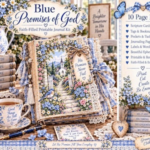 Puede incluir: Un kit de diario imprimible Blue Promises of God con un libro decorativo que muestra un camino de jardín, cintas de cuadros azules y encaje. Incluye una taza con texto, un bolígrafo, un adorno en forma de corazón y libros apilados con las etiquetas Faith, Hope, Love, Grace, Joy, His Plans, His Timing, His Goodness y My Hope.