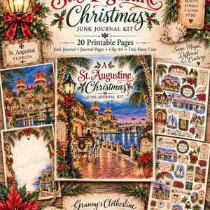 May include: A St. Augustine Christmas junk journal kit featuring 20 printable pages, journal pages, clip art, and tiny fussy cuts. The kit includes illustrations of horse-drawn carriages, palm trees, and coastal holiday scenes with text.