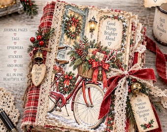 May include: A Closed Journal printable junk journal kit titled God's Promises for a Brighter Christmas. The cover features a red bicycle with a basket of greenery, lace trim, red velvet ribbon, and metal bells. Text includes Good Things Brighter Ahead.